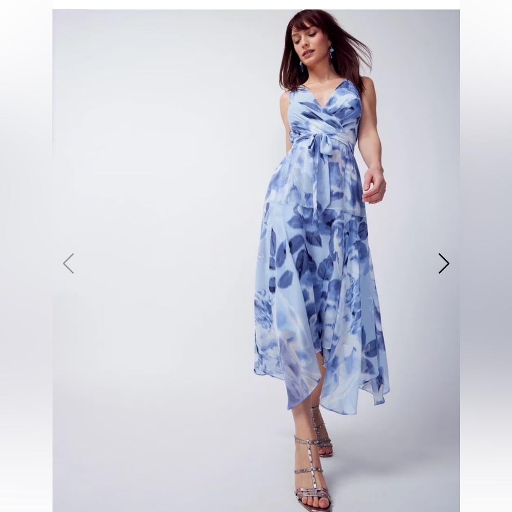 White House Black Market Blue Surplice Midi Dress Ikat Floral Blue Dress Size 8